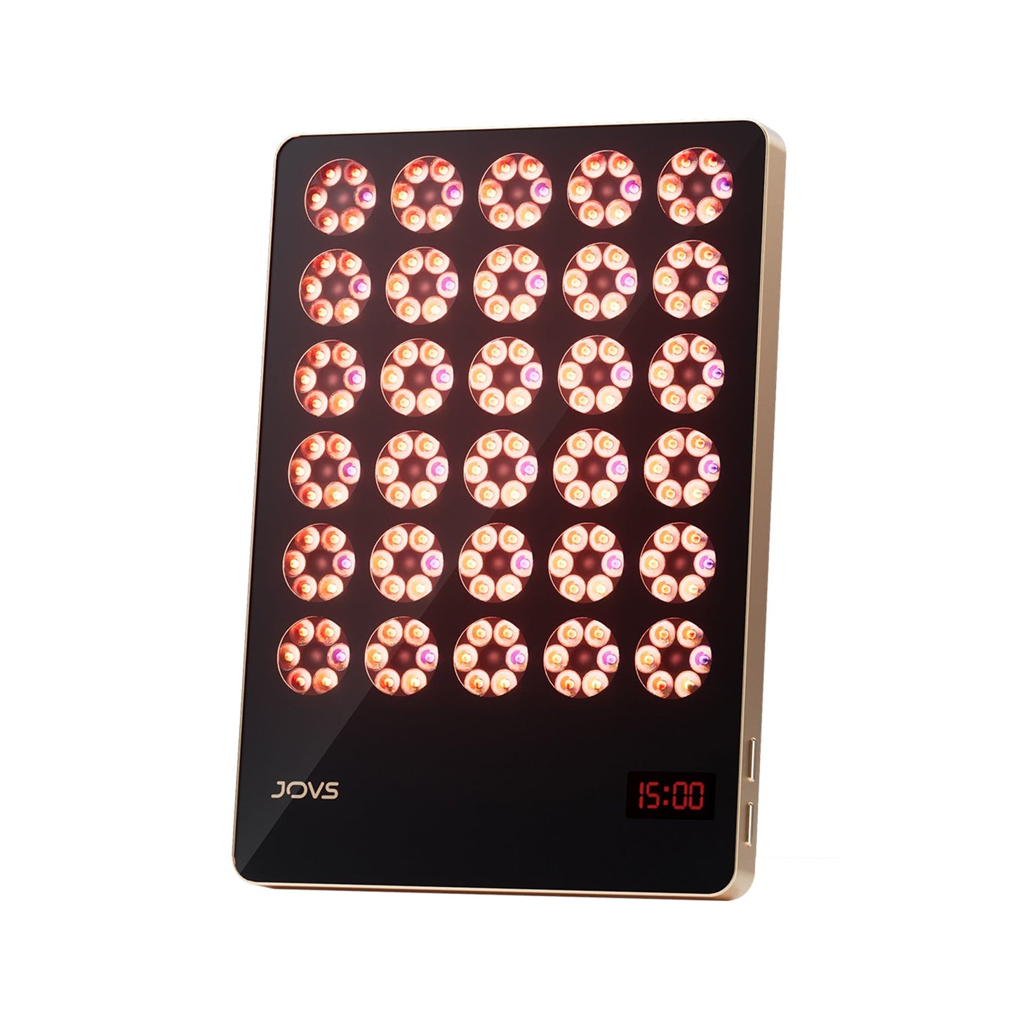 Close-up of JOVS Alva LED red light therapy panel showing time display for convenient skincare sessions.