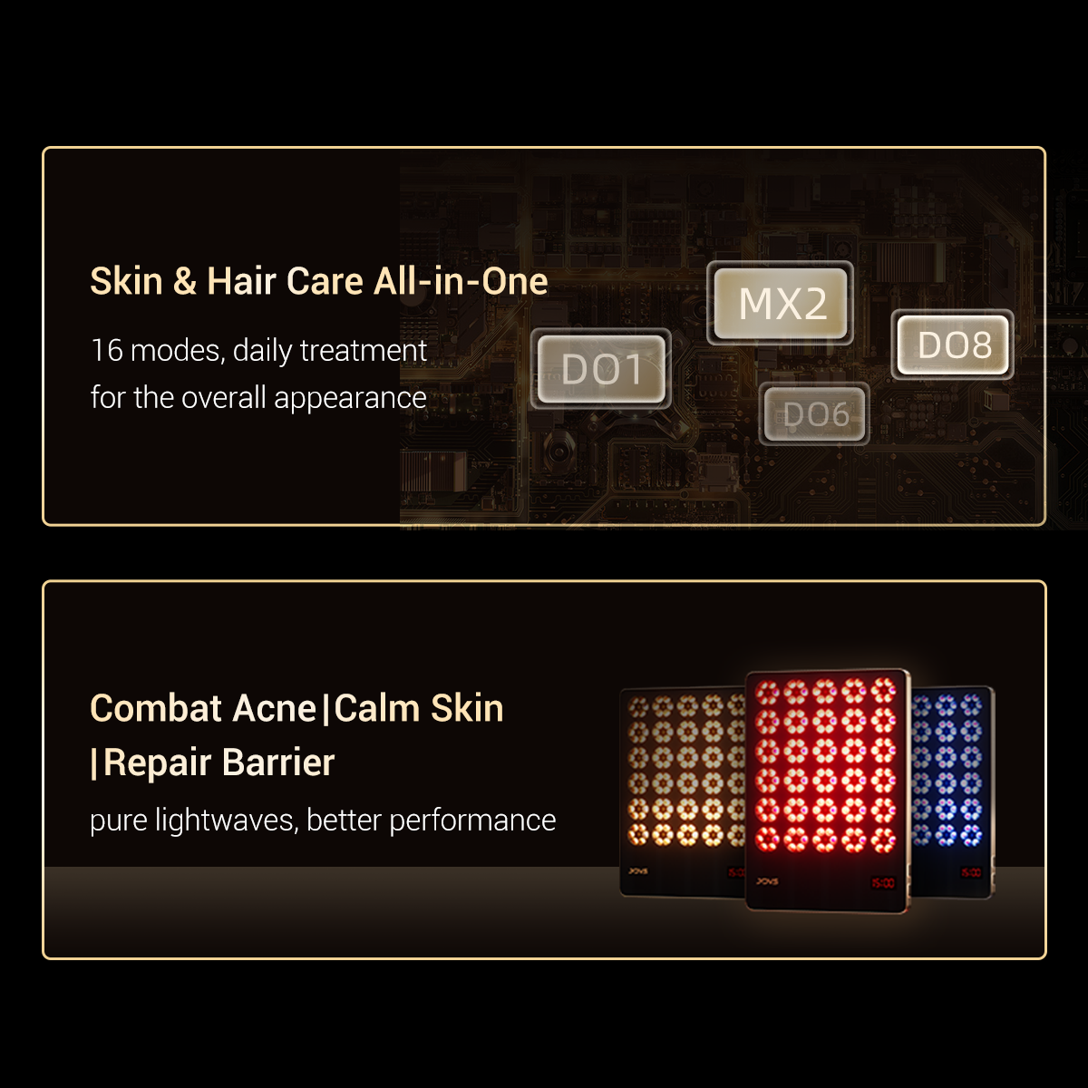 JOVS Alva LED light therapy device with modes for skin and hair treatment, acne, and skin health.