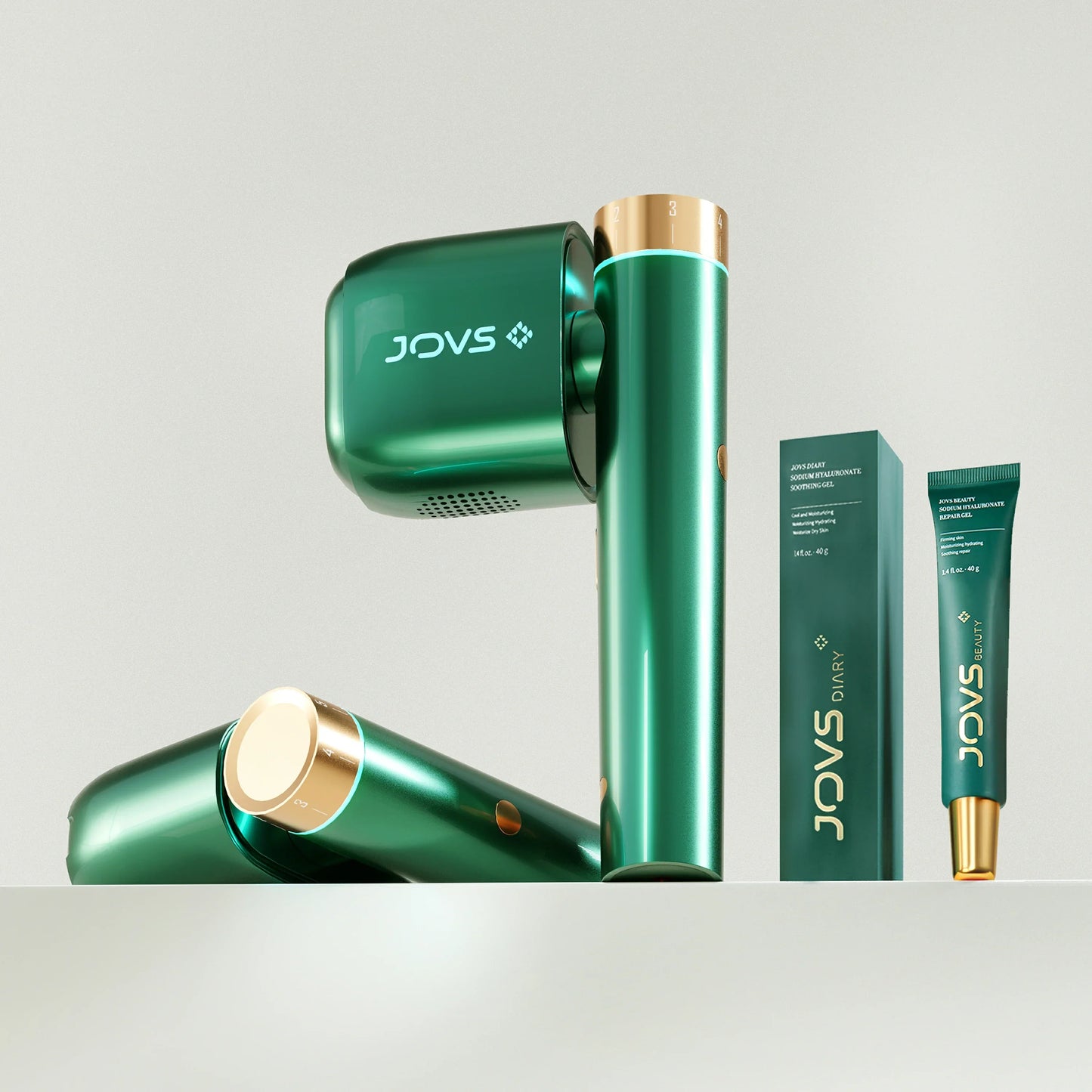 Kit of JOVS Venus Pro II IPL device and skin soothing gels, showcasing the comprehensive hair removal solutions.