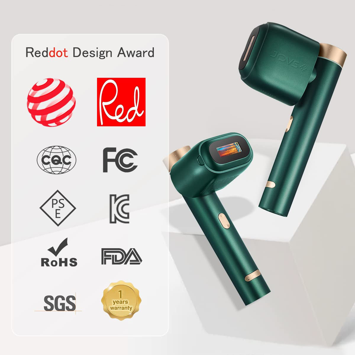 JOVS Venus Pro II IPL Hair Removal Device with Reddot Design Award and certifications including FCC, FDA, SGS, and more.